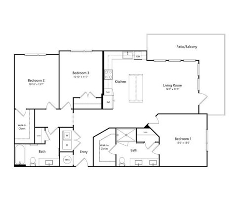 Floor plan for 3 beds, 2 baths, 1392 sqft